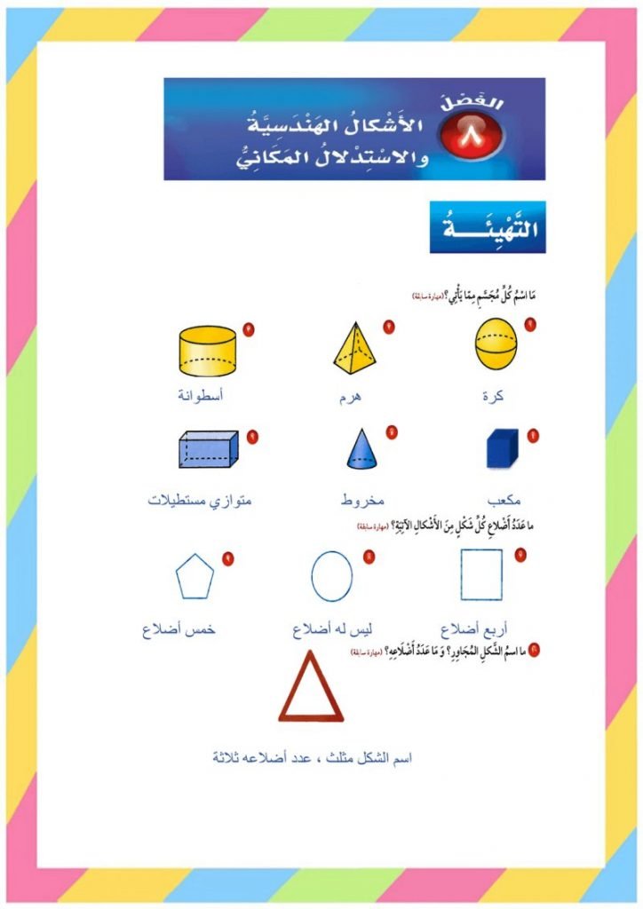 الفصل الثامن رياضيات رابع كتاب الطالب الاشكال الهندسية – المنهاج السعودي