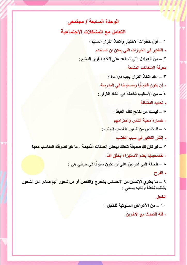 ملخص تربية اسرية سادس ابتدائي الفصل الثاني – المنهاج السعودي