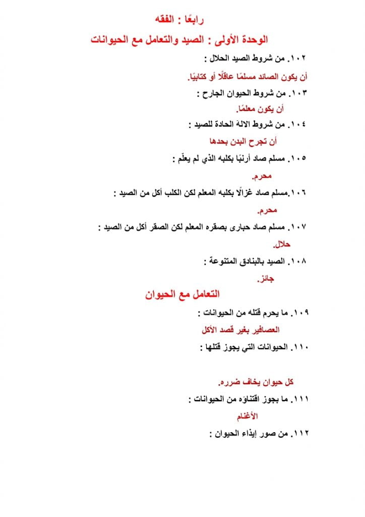 ملخص مادة فقه ثالث متوسط الفصل الثاني – المنهاج السعودي