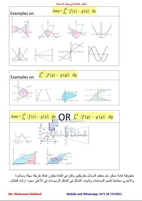 ورقة اختيار المكامل في ايجاد المساحات, (رياضيات) الثاني عشر المتقدم