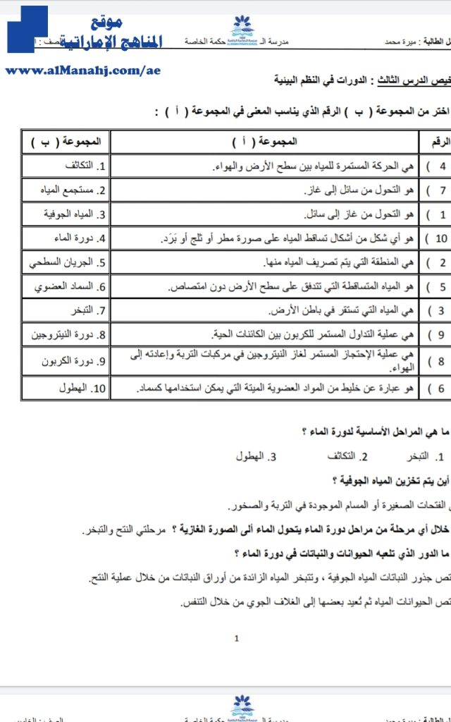 تلخيص الدرس الثالث الدورات في النظم البيئية, (علوم) الخامس