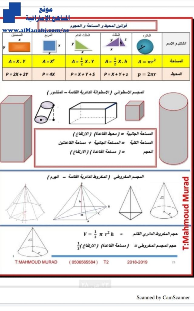 قوانين المحيط والمساحة والحجوم, ملف ثاني, (رياضيات) الثاني عشر المتقدم
