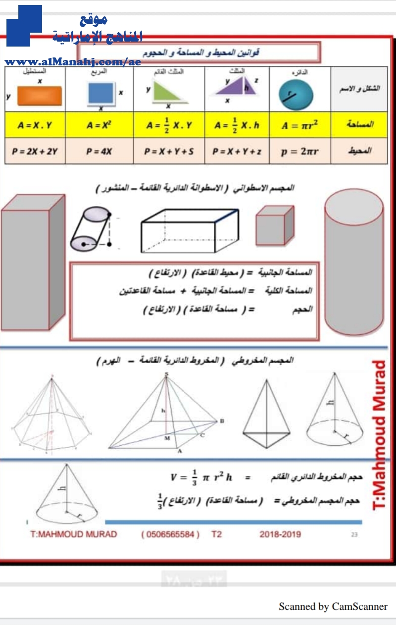 قوانين المحيط والمساحة والحجوم, ملف ثاني, (رياضيات) الثاني عشر المتقدم