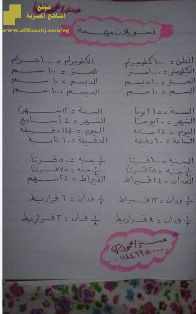 ورقة عمل تحتوي تحويلات مهمة لمادة الرياضيات