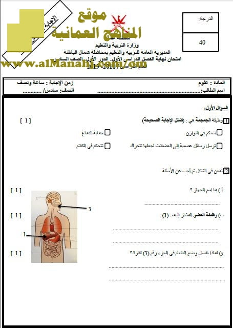 تحميل أسئلة الامتحان الرسمية في محافظة شمال الباطنة للفصل الدراسي الأول الدور الأول (علوم) السادس