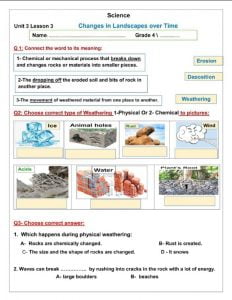 ورقة عمل الدرس الثالث CHANGES IN LANDSCAPES OVER TIME, منهج انجليزي (علوم) الرابع