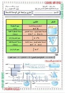 تمارين مراجعة الوحدة التاسعة: مساحة السطح والحجم, (رياضيات) السابع