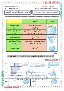 تمارين مراجعة الوحدة التاسعة: مساحة السطح والحجم, (رياضيات) السابع