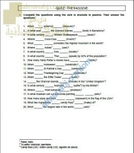 أنشطة واختبارات في قاعدة المبني للمجهول مع الحل (لغة انجليزية) الثاني عشر