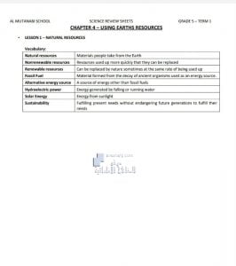 أوراق عمل ومراجعة الوحدة الرابعة USING EARTH RESOURCES مع الحل, منهج انجليزي (علوم) الخامس