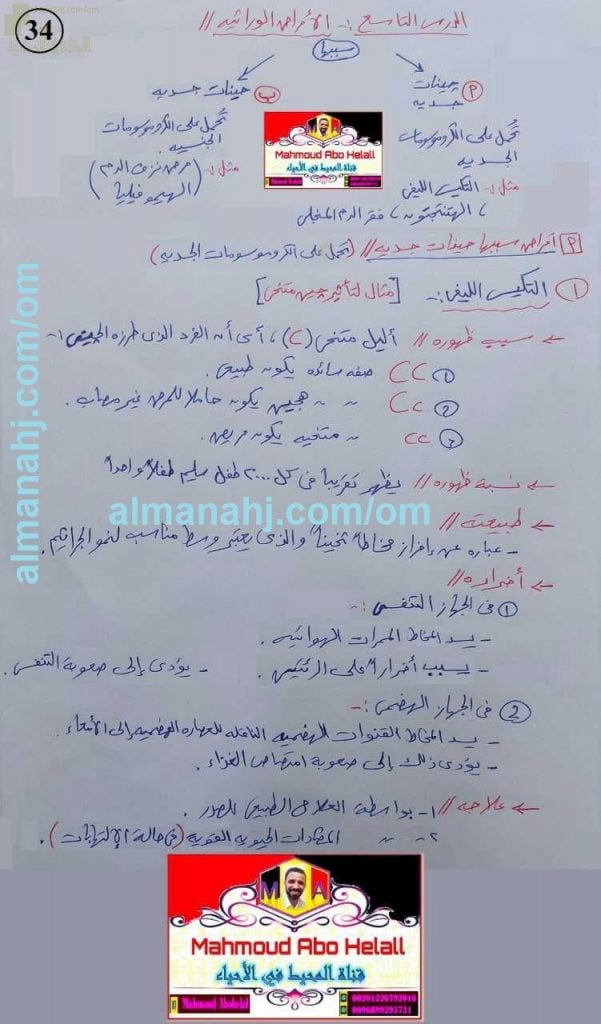 ملخص شرح درس الأمراض الوراثية مع مخططات وصور وأمثلة توضيحية (الدرس التاسع) (علوم وبيئة) الثاني عشر