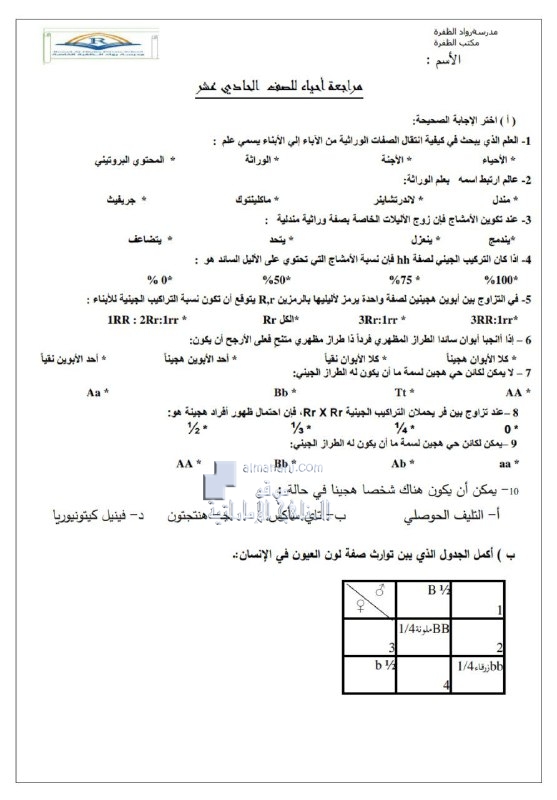 أوراق عمل مراجعة شاملة, (علوم) الحادي عشر المتقدم