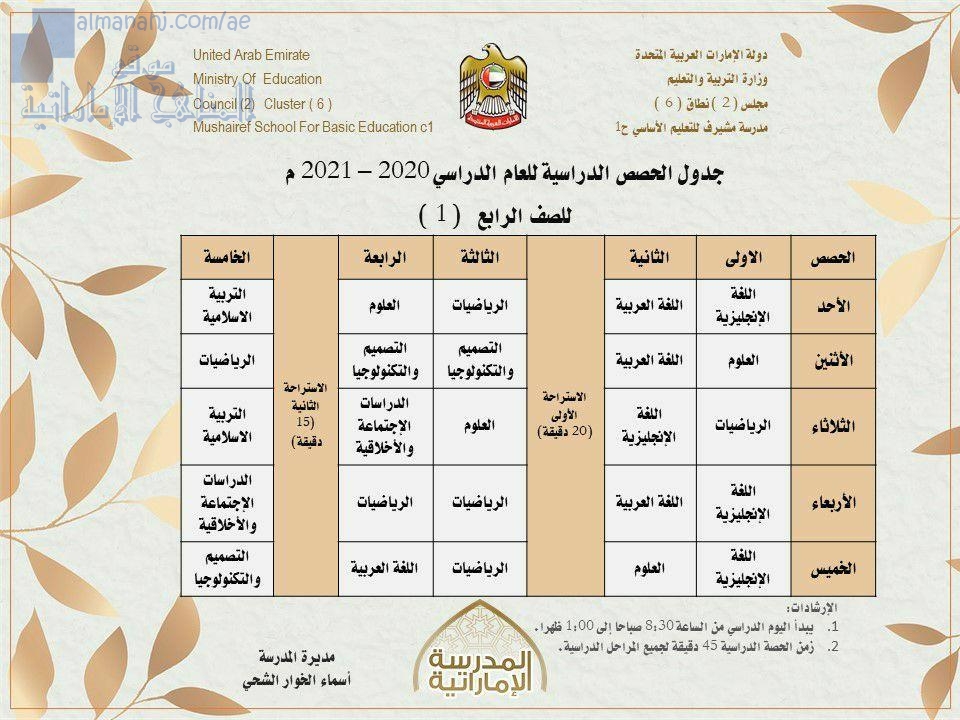 جداول حصص التعليم الهجين في مدرسة مشيرف للتعليم الأساسي ح1, (الدوام) الحلقة الأولى