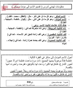 معلومات هامة لدرس تقسيم الاسم إلى مؤنث ومذكر (لغة عربية) الرابع