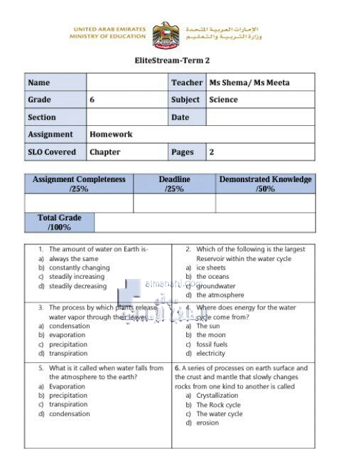 ورقة عمل EliteStream-Term2, منهج انجليزي (علوم) السادس