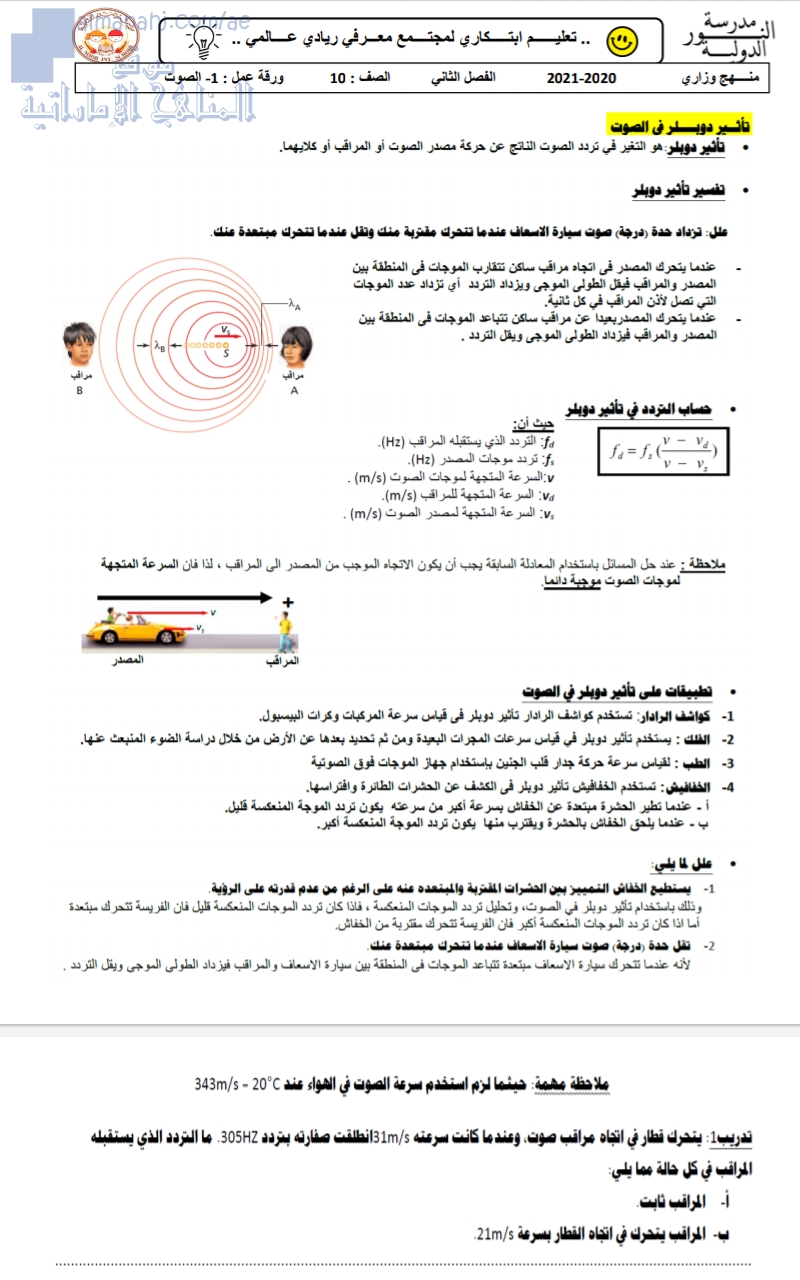 تلخيص درس دوبلر في الصوت, (فيزياء) العاشر المتقدم