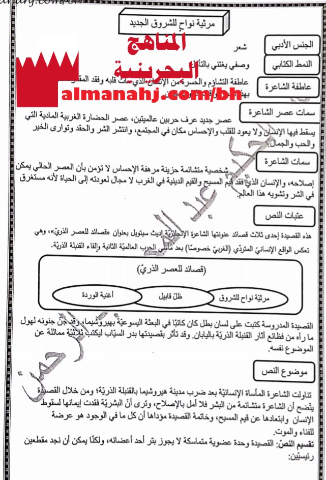 مرثية نواح للشروق الجديد في مقرر عرب 311 (لغة عربية) الثالث الثانوي