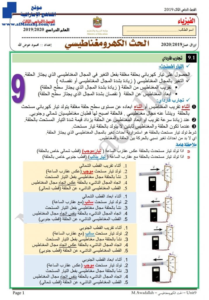 أوراق عمل وتدريبات في الحث الكهرومغناطيسي, (فيزياء) الثاني عشر المتقدم