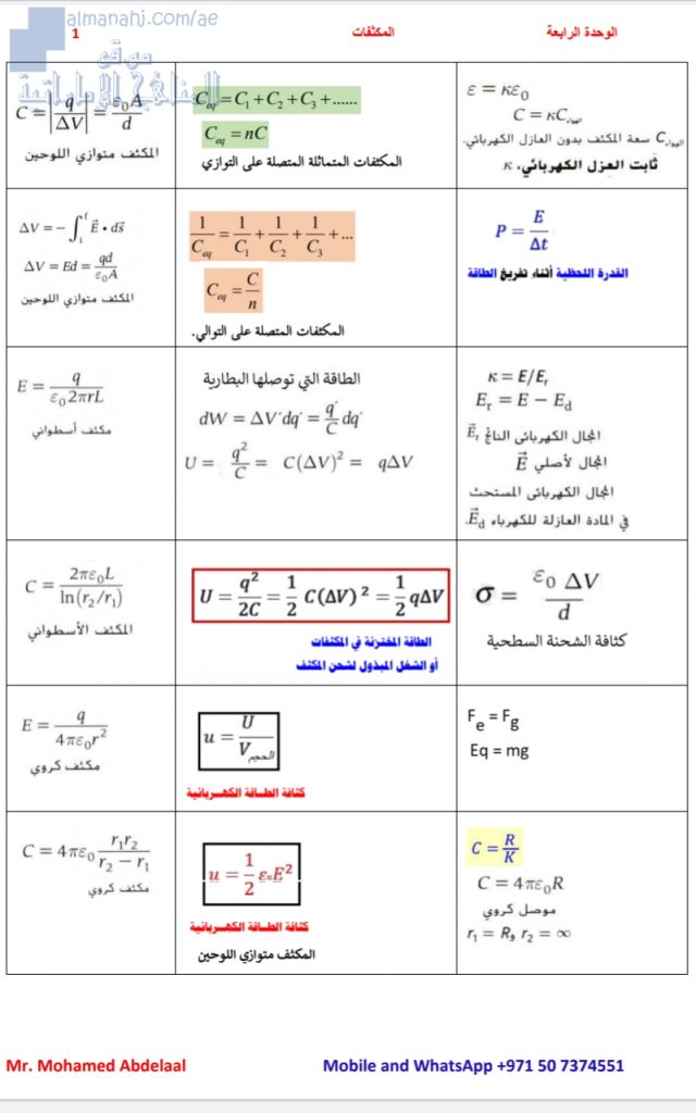 قوانين الوحدة الرابعة (المكثفات), (فيزياء) الثاني عشر المتقدم