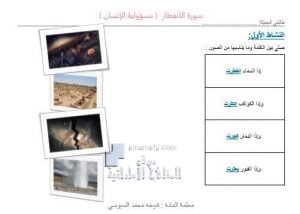 ورقة عمل سورة الانفطار مسؤولية الانسان, (تربية اسلامية) الخامس