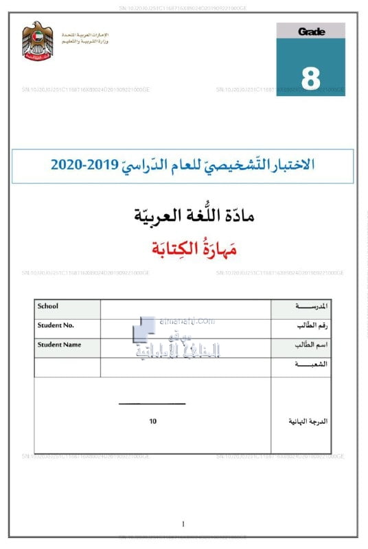 الاختبار التشخيصي مهارة الكتابة, (لغة عربية) الثامن