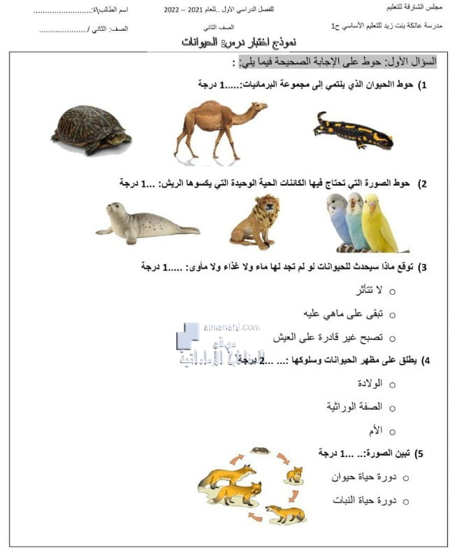 نموذج اختبار درس الحيوانات اختيار من متعدد, (علوم) الثاني