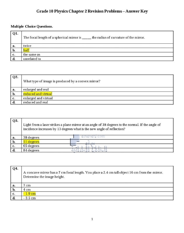 مراجعة الوحدة الثانية مع الحل, منهج انجليزي (فيزياء) العاشر المتقدم
