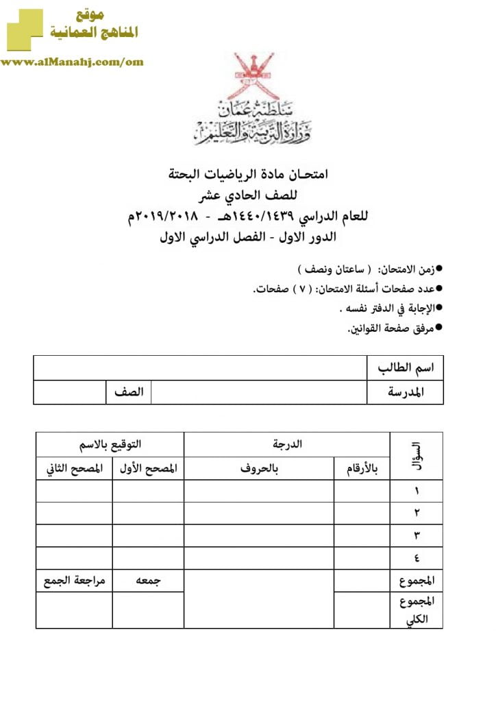 أسئلة وإجابة الامتحان الرسمي الدور الأول والثاني (رياضيات بحتة) الحادي عشر