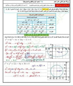 ورقة عمل درس تحديد أنواع القطوع المخروطية مع الحل, (رياضيات) الثاني عشر العام
