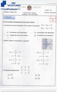 امتحان نهاية الفصل الأول ~ وزارينهج انجليزي (رياضيات) العاشر المتقدم