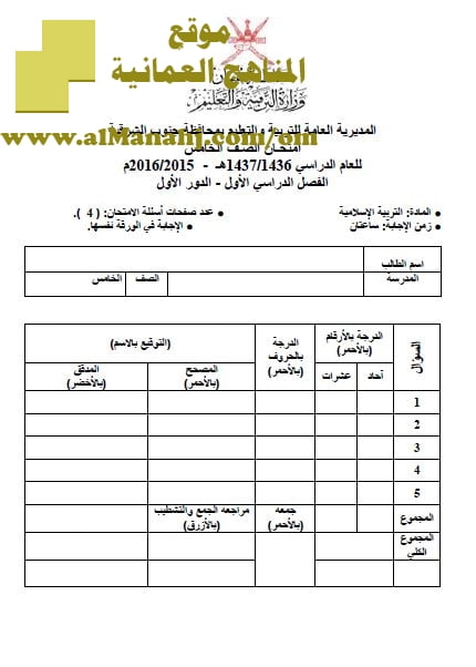 امتحان وإجابة الأسئلة الرسمية في محافظة جنوب الشرقية للفصل الدراسي الأول الدور الأول (تربية اسلامية) الخامس