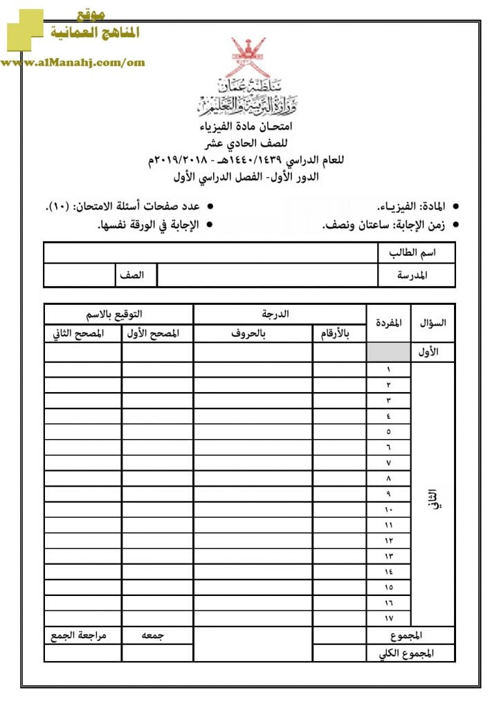 أسئلة وإجابة الامتحان الرسمي الدور الأول والثاني (فيزياء) الحادي عشر