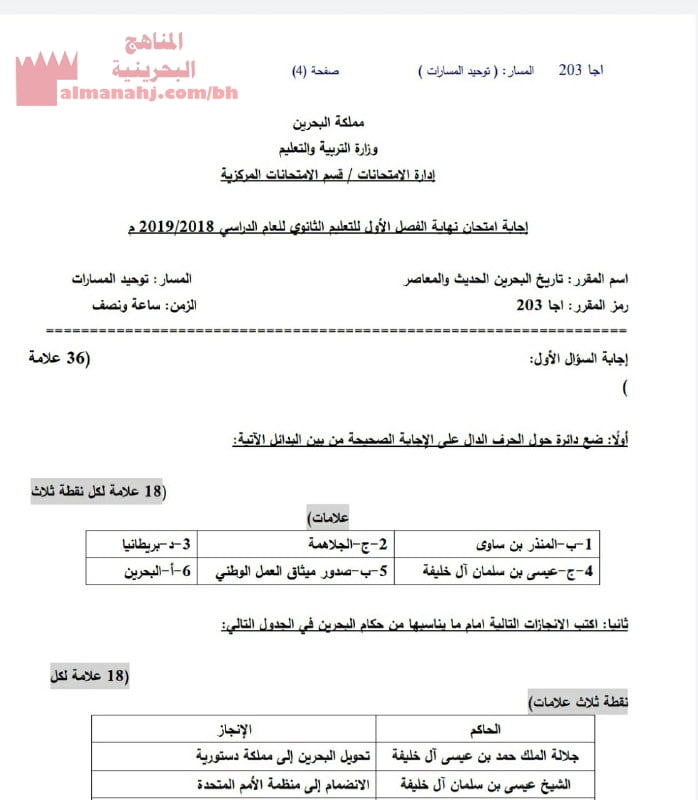 نموذج إجابة امتحان نهاية الفصل الأوّل لمقرر تاريخ البحرين الحديث والمعاصر، رمز المقرر أجا 203 (المواد الاجتماعية) مرحلة ثانوية