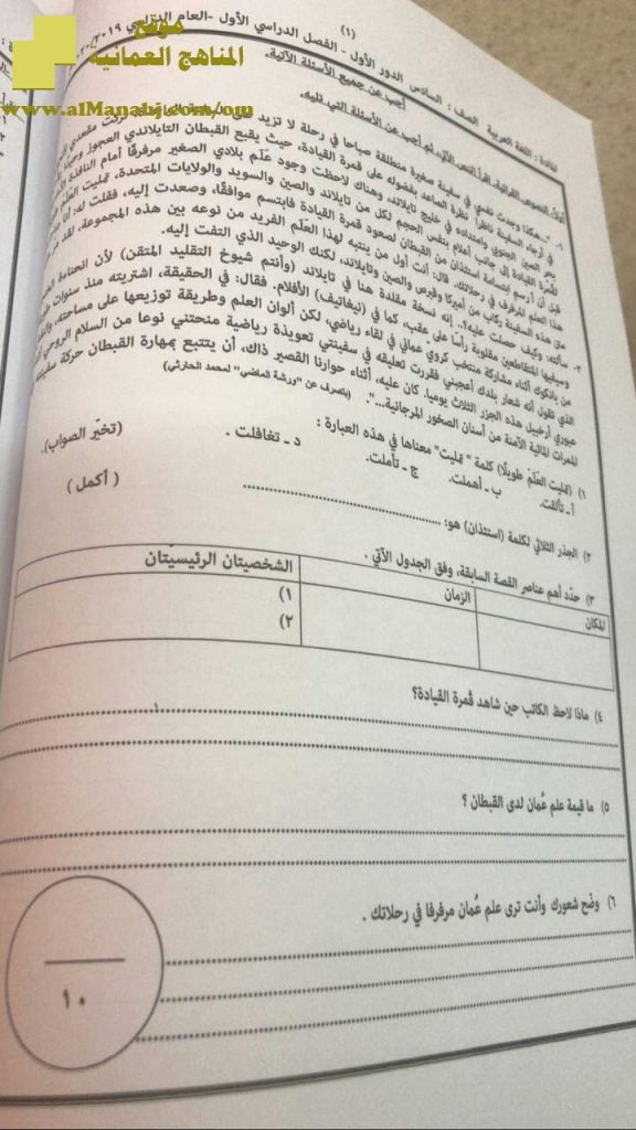 أسئلة الامتحان الرسمي الدور الأول (لغة عربية) السادس