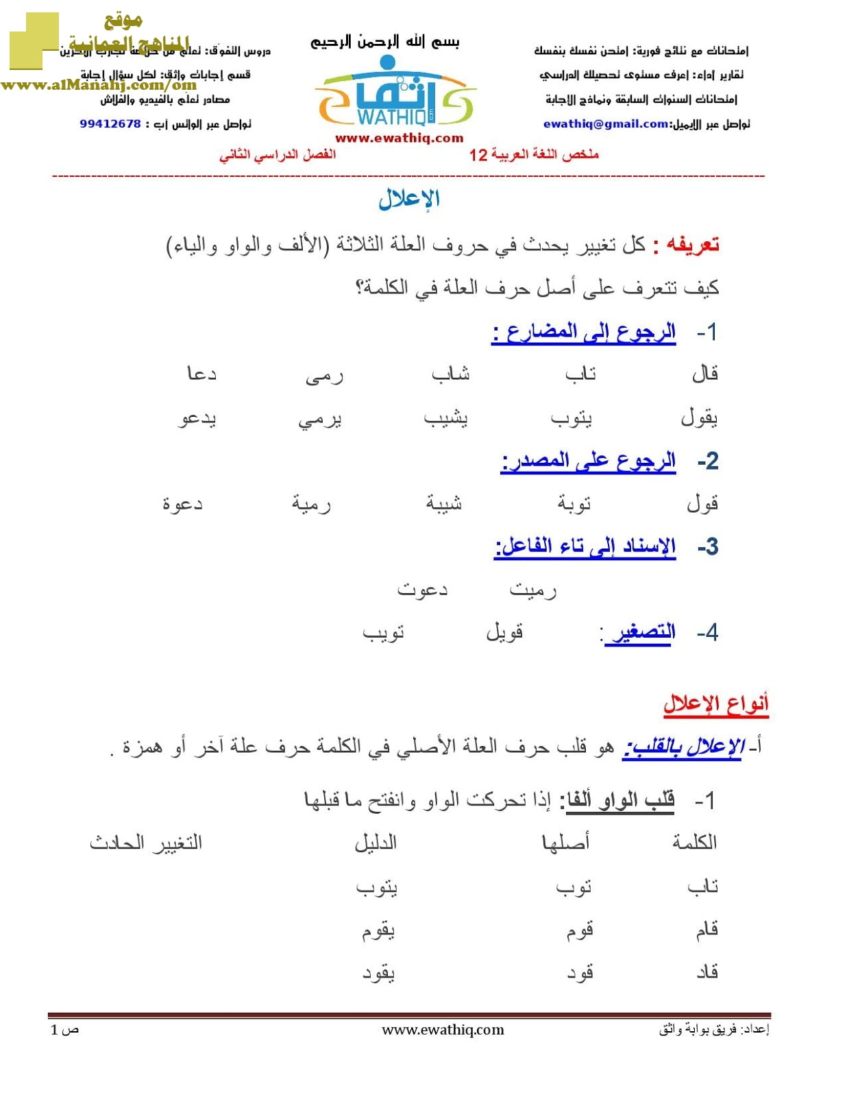 ملخص شرح درس الإعلال (لغة عربية) الثاني عشر