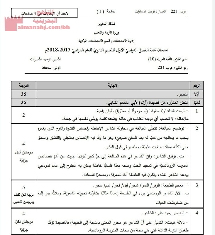 نموذج إجابة وسلم تصحيح امتحان نهاية الفصل الأوّل في اللغة العربية (10) مقرر عرب 221