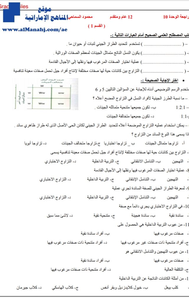 مراجعة محلولة لدرس علم الوراثة, (علوم) الثاني عشر العام