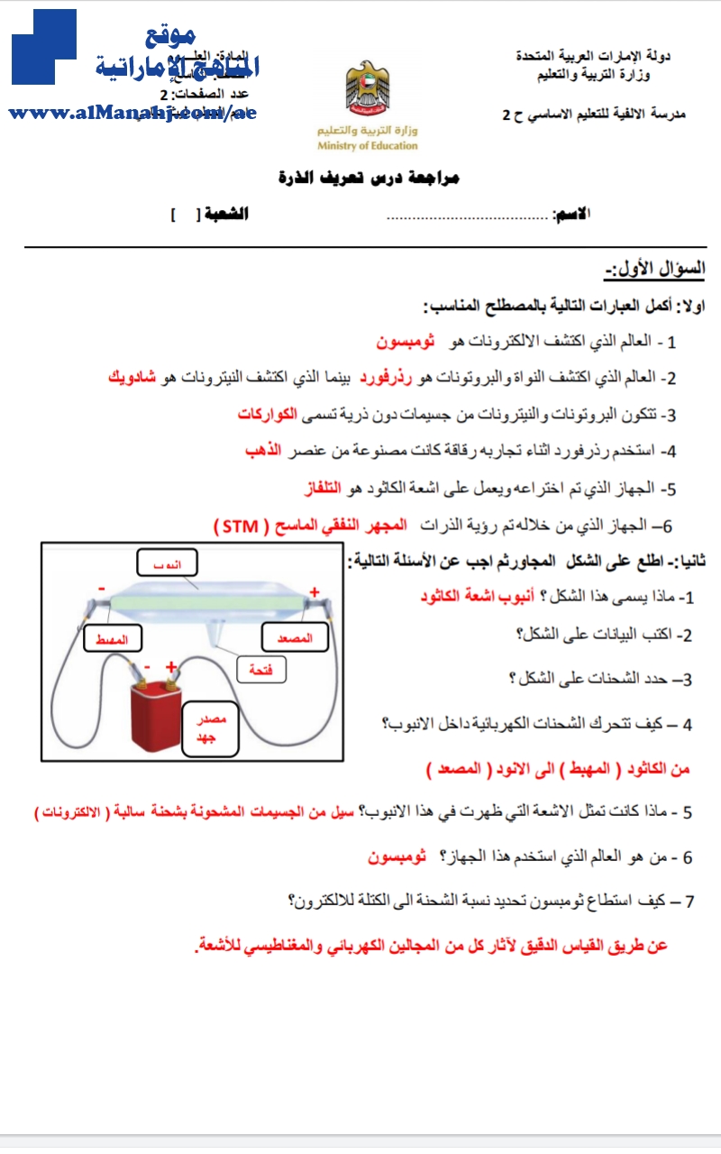 مراجعة درس تعريف الذرة, (علوم) التاسع العام