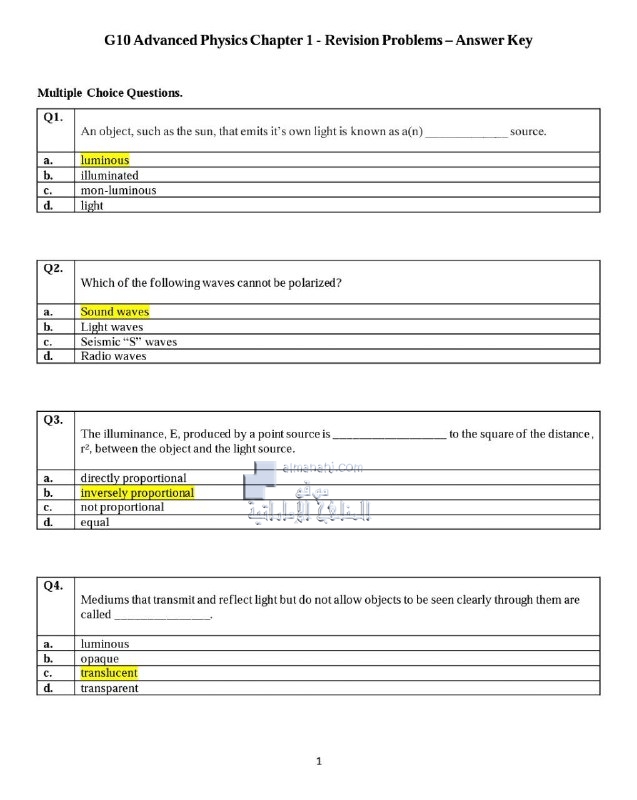أوراق عمل مراجعة الوحدة الأولى مع الحل, منهج انجليزي (فيزياء) العاشر المتقدم