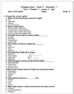 أوراق عمل درس الضوء LIGHT, (علوم) الرابع