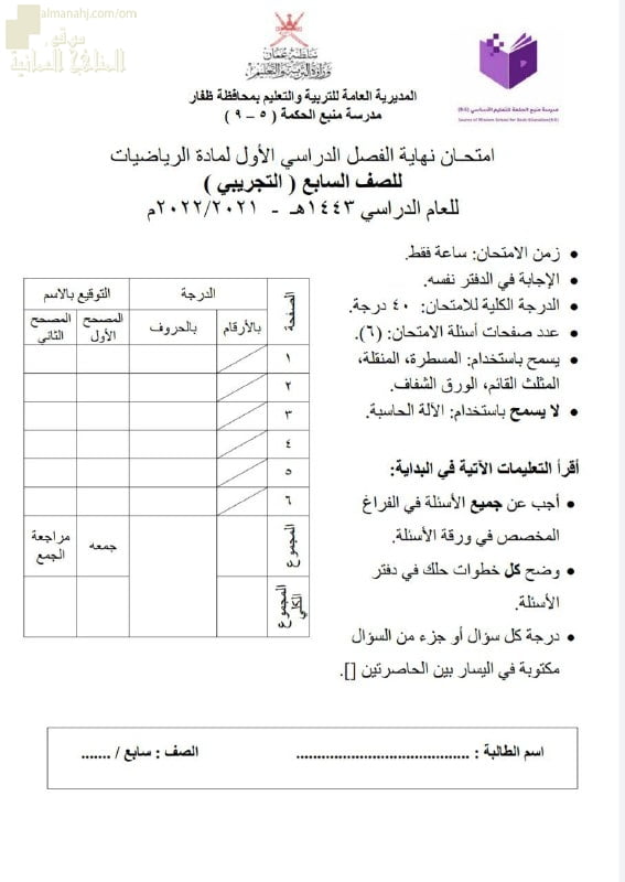 الامتحان التجريبي نهاية الفصل الأول في محافظة ظفار (رياضيات) السابع