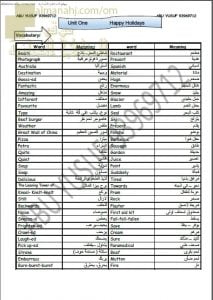 مذكرة مفردات الوحدة الأولى (لغة انجليزية) السابع