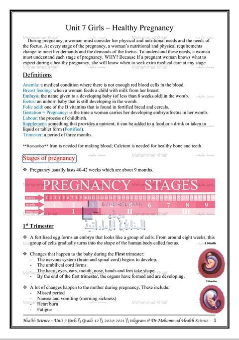 شرح الوحدة السابعة Unit-7: Girls – Healthy Pregnancy, منهج انجليزي (علوم صحية) الثاني عشر العام