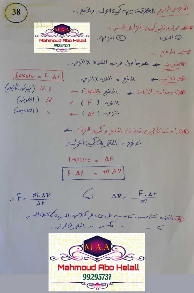 ملخص شرح درس العلاقة بين كمية التحرك والدفع (علوم وبيئة) الثاني عشر