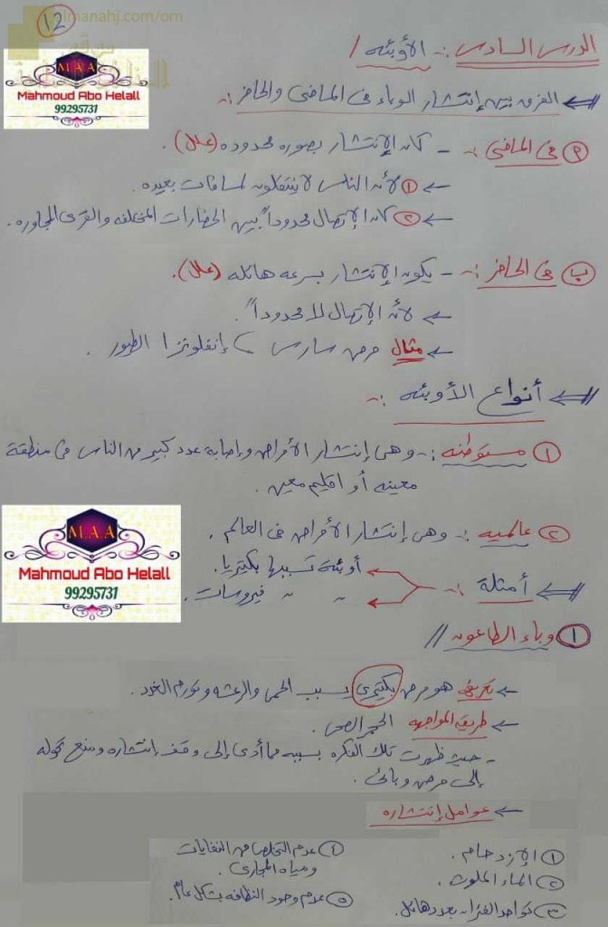 ملخص شرح شامل للدرس السادس (الأوبئة) (علوم وبيئة) الثاني عشر