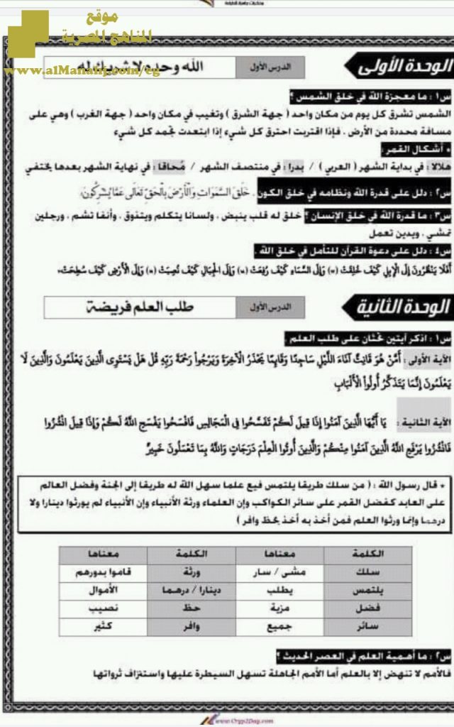 ملخص تربية اسلامية يشمل الكتاب والقصة