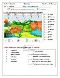 ورقة عمل MAP EARTH FEATURE, منهج انجليزي (علوم) الرابع