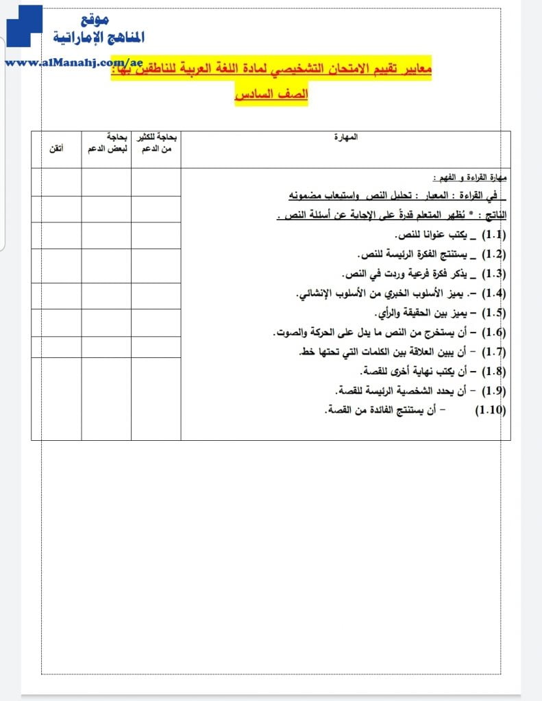 اختبار تشخيصي شامل, (لغة عربية) السادس