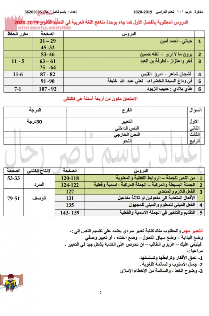 مذكرة عرب 101 الشاملة (لغة عربية) الأول الثانوي