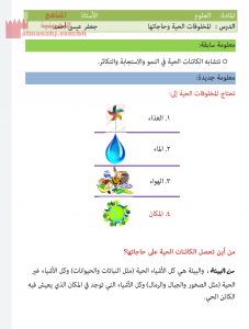 ملخص درس المخلوقات الحية وحاجاتها (علوم) الثالث